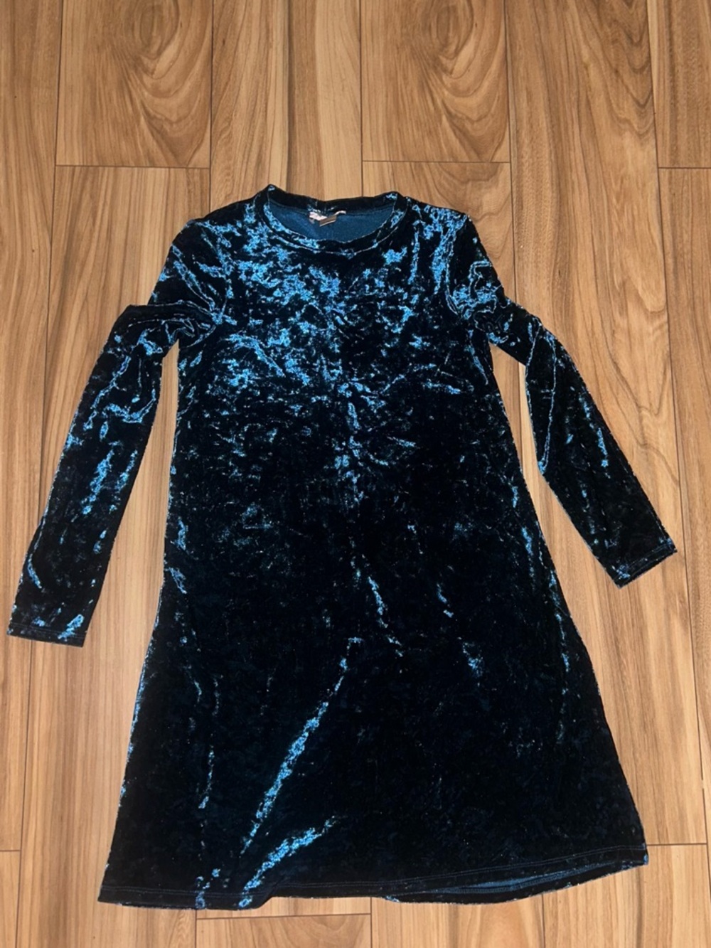 London Times Teal Crushed Velvet Long-Sleeve Casual Dress